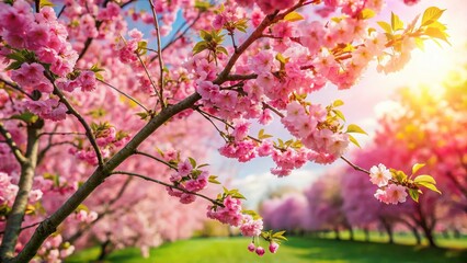 Springtime Sour Cherry Tree Blossoms - Vibrant Pink Flowers & Copy Space