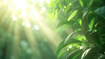 Obraz premium Vibrant green leaves illuminated by sunbeams in serene forest