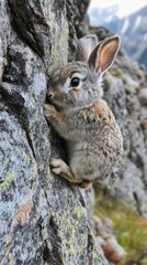 Fototapeta premium Young Rabbit Clinging To A Mountain Rock Face