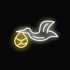 Neon icon of a stork carrying a baby in a blanket, perfect for projects related to childbirth and newborns