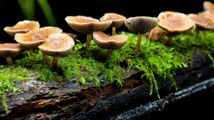 Close up of mushrooms and moss on log, showcasing nature beauty