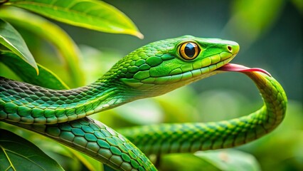 Fototapeta premium Sri Lankan Green Vine Snake Flicking Tongue on Branch - Wildlife Stock Photo
