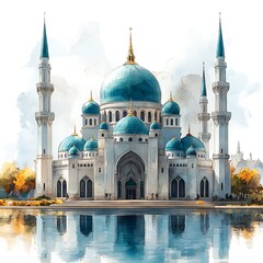 Naklejka premium Mosque Illustration Design Islamic Background Hand drawn Watercolor Artwork. 