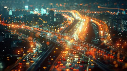 Fototapeta premium A vibrant cityscape at night showcasing bustling traffic and illuminated buildings in the background