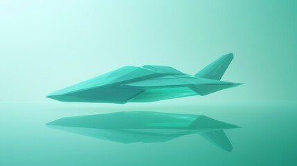 Digital Future: Low-Poly Futuristic Transport Craft in Navy and Teal Colors Hovering Over Reflective Floor, Ultra-Detailed Cinematic Artwork