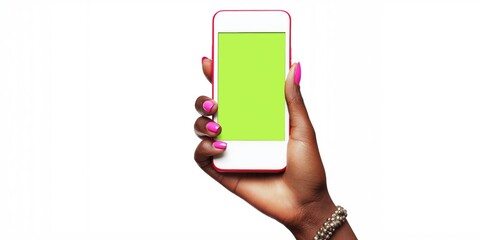 Female hand holding smartphone with vibrant green screen