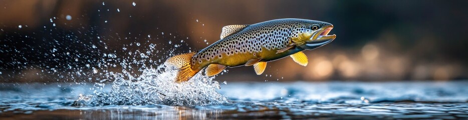 Fototapeta premium A brown trout leaps from the water, creating splashes in its attempt to escape. In the background, a fishing shop is visible, hinting at an early morning fishing adventure, banner.
