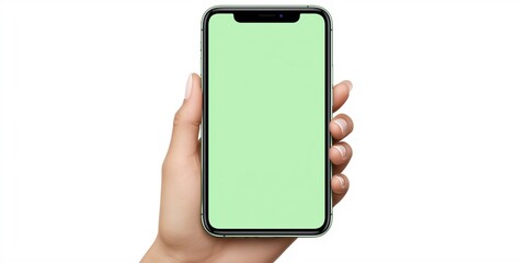Beautiful hand holding smartphone with green screen