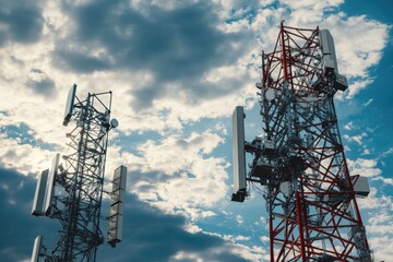 Two cellular communication towers standing near each other, possibly in a rural or urban area