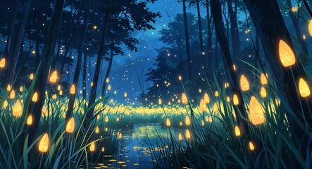 Magical forest clearing glowing fireflies reeds on anime background