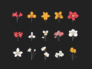 Simple flower icons, dark background, design elements, website, app