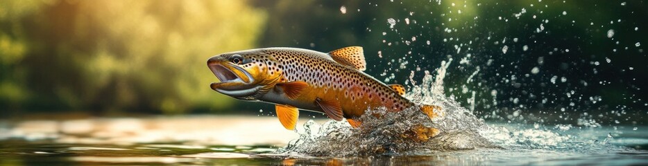 Naklejka premium A brown trout leaps from the water, creating splashes in its attempt to escape. In the background, a fishing shop is visible, hinting at an early morning fishing adventure, banner.