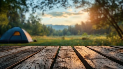Rustic wooden table, campsite sunset, forest background, product display