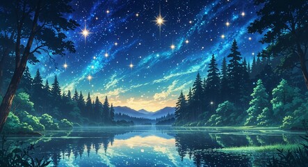 Fototapeta premium Magical shimmering stars above tranquil forest lake on anime background