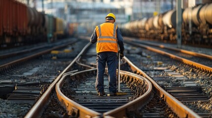Fototapeta premium A rail worker in overalls and a safety vest, adjusting a rail track switch with a backdrop of locomotives and rail yards, Railway maintenance scene