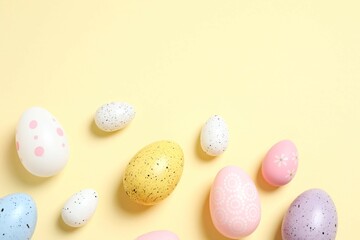 Easter decor concept. Top view photo of colorful eggs on pastel background 
