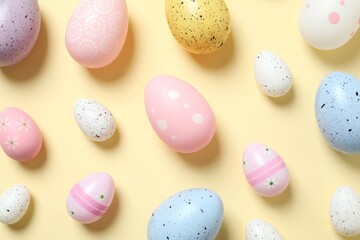 Easter decor concept. Top view photo of colorful eggs on pastel background 