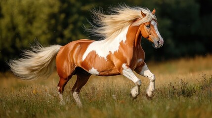 Obraz premium Red and palomino horse with long blond mane in motion on field