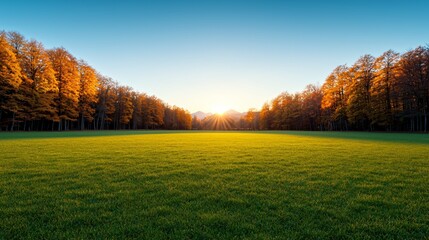 Autumn sunset over green field, mountain backdrop. Peaceful nature scene, ideal for calendars