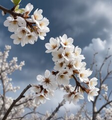 Delicate white blossoms on bare almond tree branches against a cold winter sky, winter blooming, almond blossom winter landscape, peaceful forest