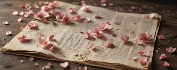 Naklejka premium delicate petals scattered across weathered pages , , earthy tones, old book