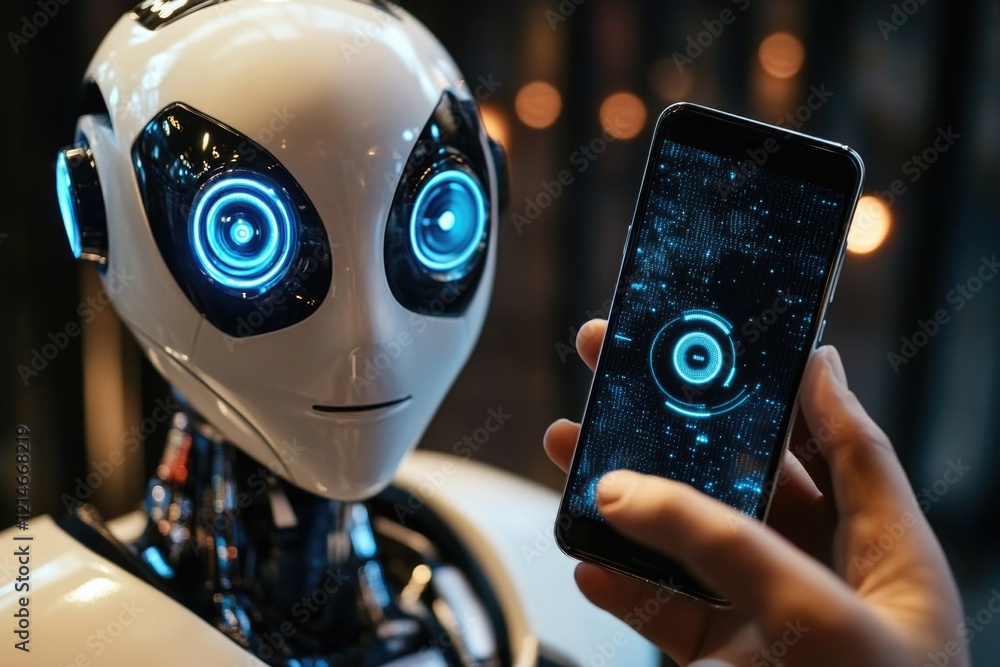 Poster a person holding a smartphone in front of a robot, suitable for tech or innovation concepts
