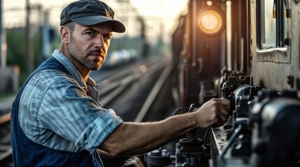 A railroad engineer in overalls and a conductor’s hat, adjusting a control lever with locomotives and rail tracks, Railway operation scene