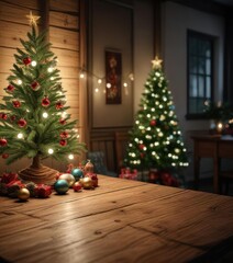 Darkened room with Christmas tree lights and ornaments on a wooden table, christmas tree, twinkling lights