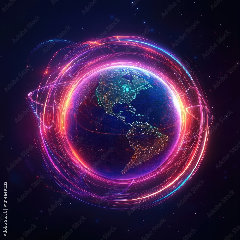 Poster aerial view of the earth with colorful lines and patterns surrounding it, possibly representing a fu