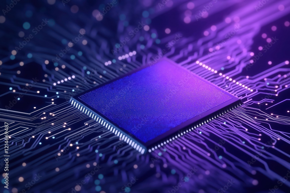 Poster modern computer chip with complex circuit board. colorful purple, blue hues create futuristic tech d