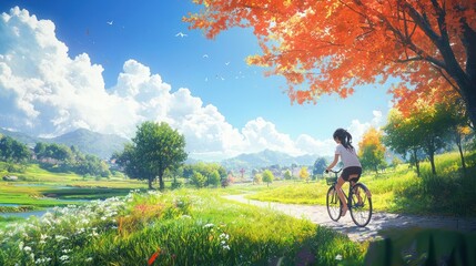 Obraz premium A girl riding a bicycle through a scenic park on a sunny day.