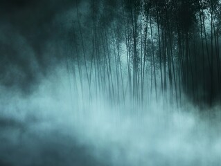 Misty bamboo forest with a cool, ethereal atmosphere.