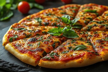 A delicious-looking pizza on a table with a few slices taken out, perfect for a meal or snack