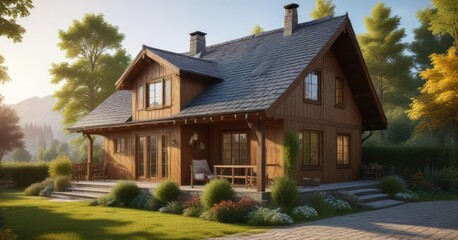Cozy cottage with wooden facade and sloping roof , natural wood, wooden cottage