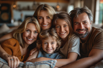 Obraz premium A family of five is posing for a picture, with the man on the right