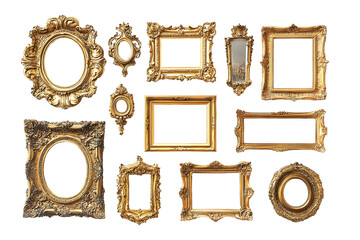 A collection of gold framed pictures with a variety of shapes and sizes. on transparent background.