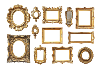 A collection of gold framed pictures with a variety of shapes and sizes. on transparent background.