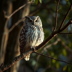 A picture of a blurry owl on a tree branch at night