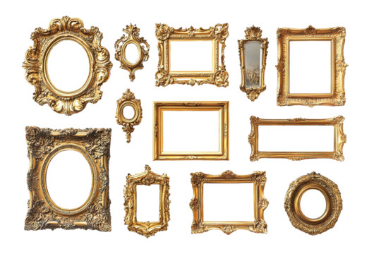 A collection of gold framed pictures with a variety of shapes and sizes. on transparent background.