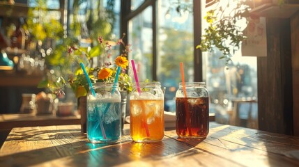 Urban cafe scene with soda glasses colorful straws and sunlight