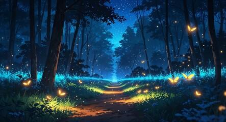 Obraz premium Starlit forest path glowing softly fireflies around on anime background