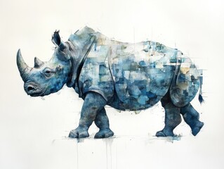 Fototapeta premium A rhino is walking in a blue and white painting