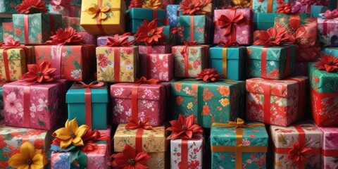 Colorful stack of floral wrapped Christmas gift boxes , bows, decorative arrangements