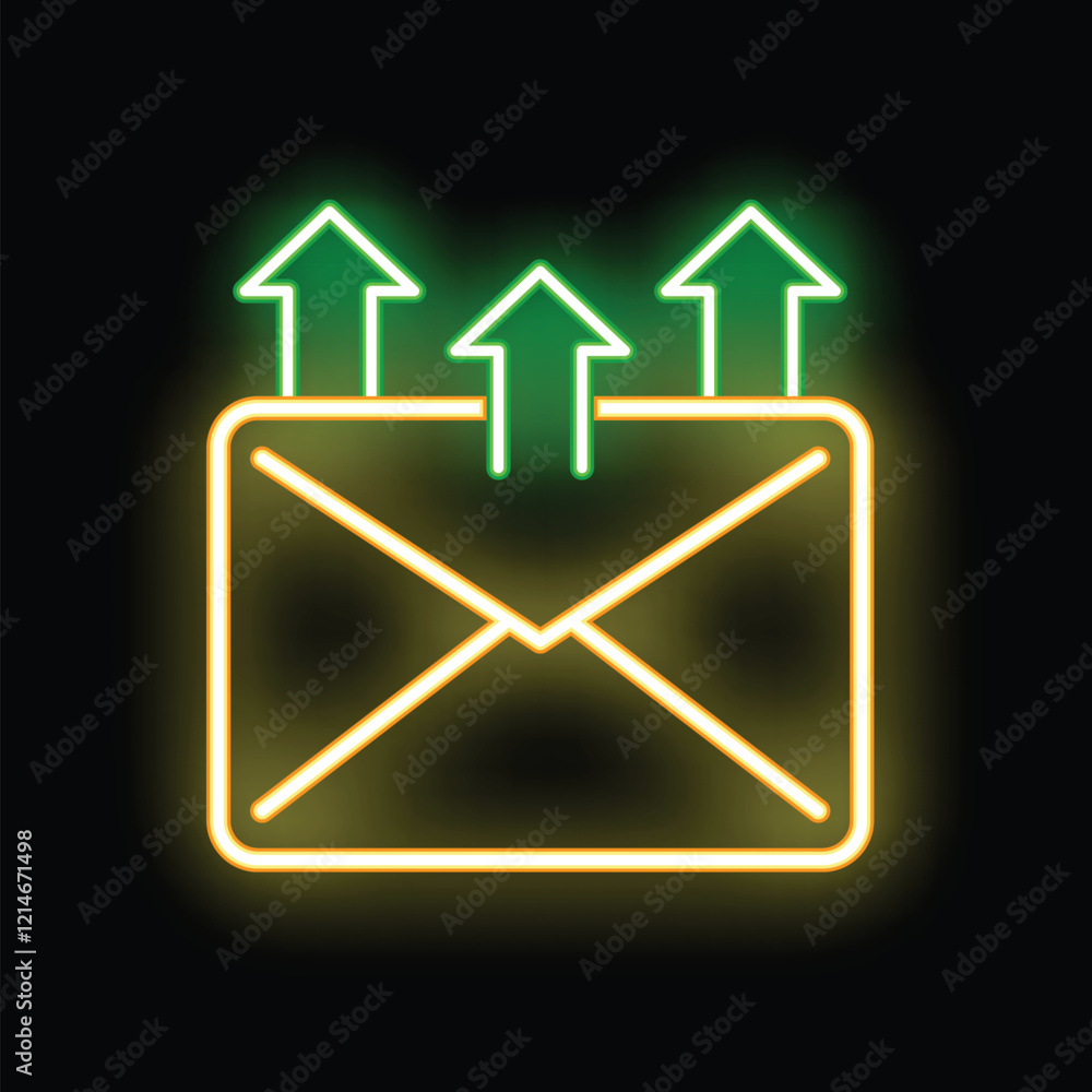 Poster neon envelope with three arrows pointing up, symbolizing the sending and receiving of emails in the 