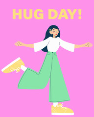 Cheerful girl. Hug day card with girl. National hugging day. Modern isolated vector illustration.