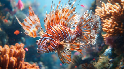Obraz premium Lionfish with intricate fins gliding through a rich coral reef, highlighting its beauty and marine habitat, perfect for underwater and nature-focused imagery.
