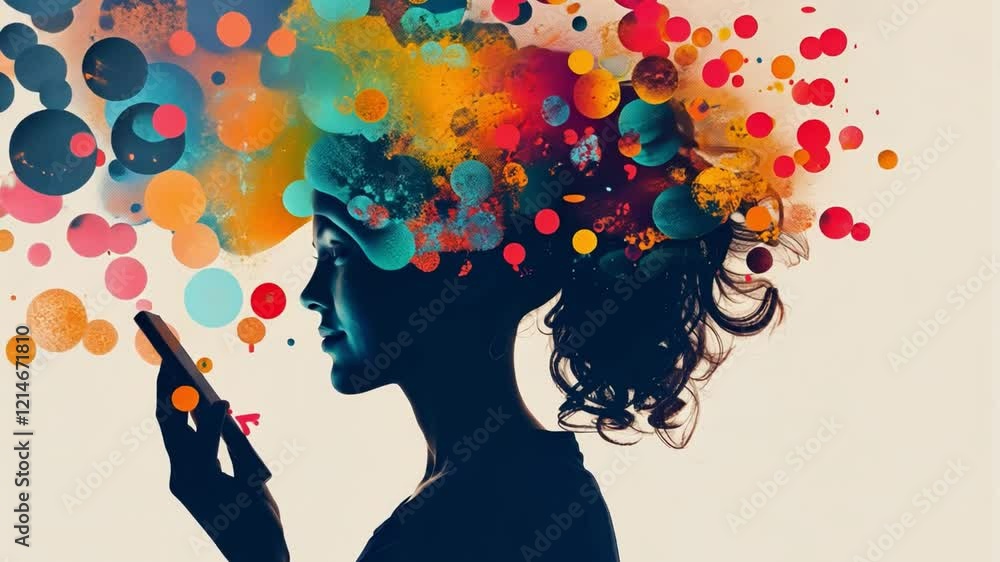 Poster a figure with long hair interacts with a smartphone, surrounded by a vibrant explosion of colorful d
