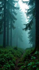 Obraz premium Foggy misty atmosphere in dense spruce forest, green, eerie, spruce