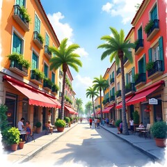 Fototapeta premium Summer Vibrance a Watercolor Urban Scene bursting with Light and Life