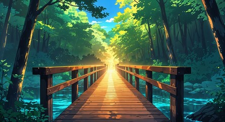 Fototapeta premium Wooden pier leading to forest glowing on anime background